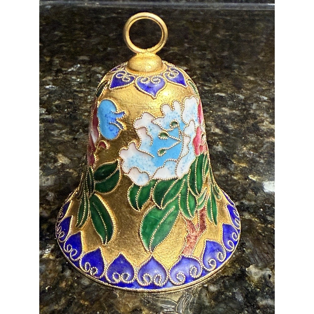 Vintage Cloisonné Enamel Floral Gold Accented Decorative Bell Blue Green Purple